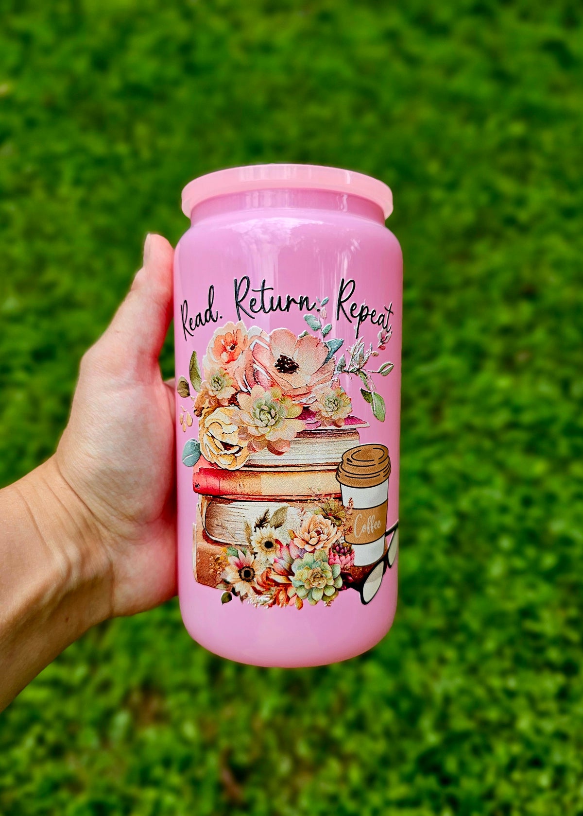 16oz Pink Bookish Glass Can – Read Return Repeat – Ready to Ship