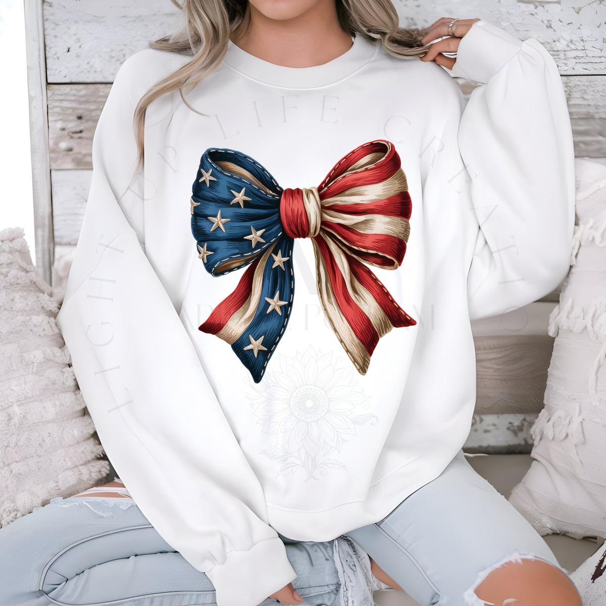 American Flag Coquette Bow | Americana | Patriotic | Shirt |Sweatshirt | Pullover | Hoodie | Crewneck | Long Sleeves | Fleece | Warmth