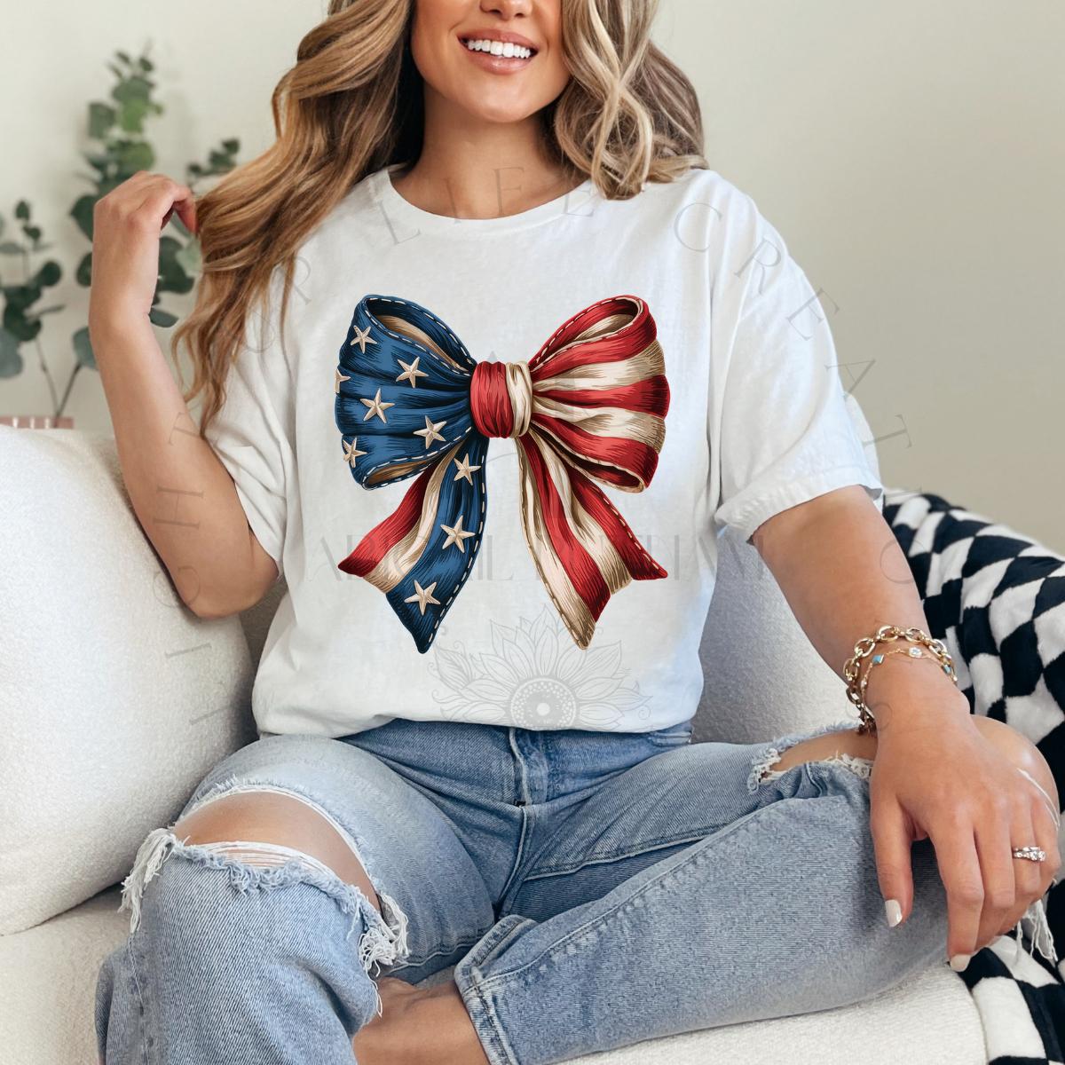 American Flag Coquette Bow | Americana | Patriotic | Shirt |Sweatshirt | Pullover | Hoodie | Crewneck | Long Sleeves | Fleece | Warmth