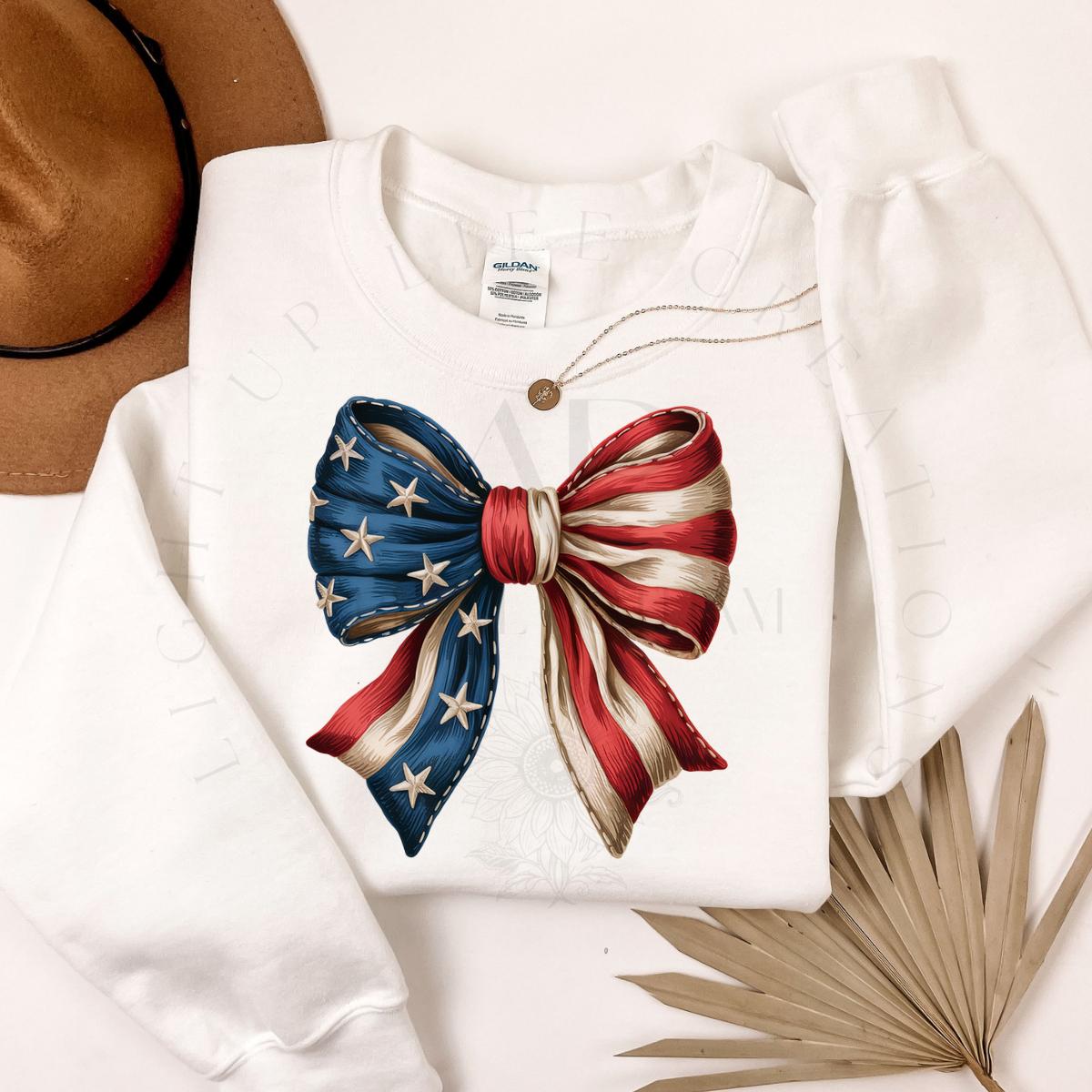 American Flag Coquette Bow | Americana | Patriotic | Shirt |Sweatshirt | Pullover | Hoodie | Crewneck | Long Sleeves | Fleece | Warmth